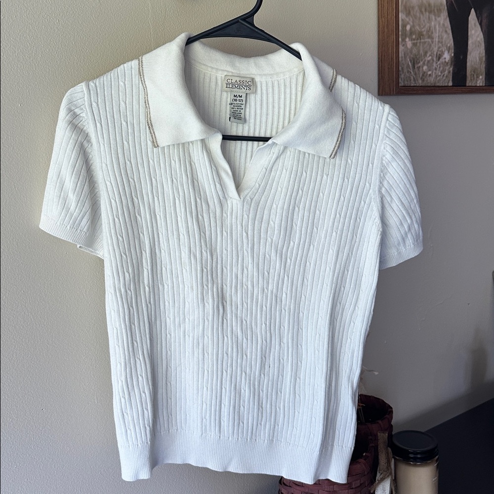 Classic Elements Ivory Ribbed Polo Sweater